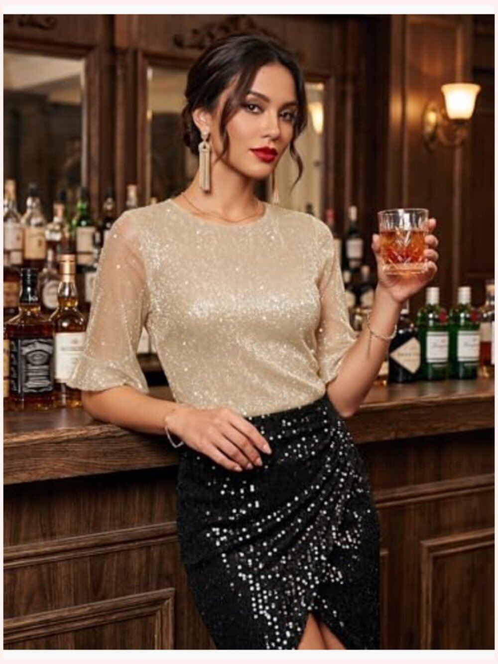 Women's Sparkly Sequin Bell Sleeve Blouse Tunic Tops - Picture 6 of 7